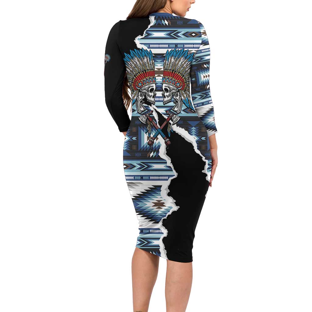 Native American Chief Skull With Axe Long Sleeve Bodycon Dress - Wonder Print Shop