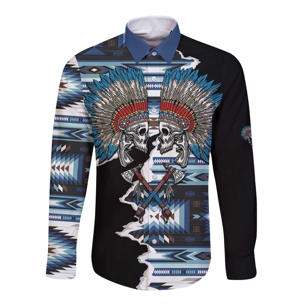 Native American Chief Skull With Axe Long Sleeve Button Shirt - Wonder Print Shop
