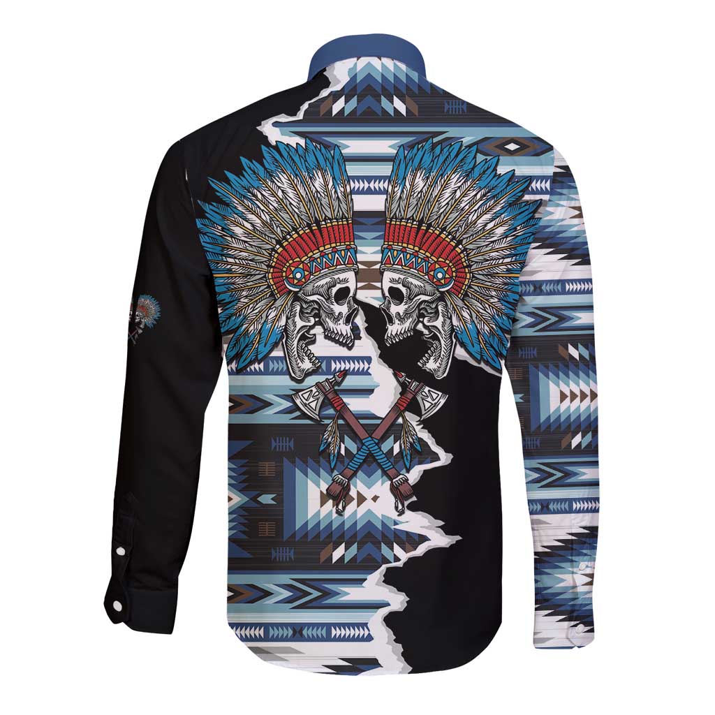 Native American Chief Skull With Axe Long Sleeve Button Shirt - Wonder Print Shop