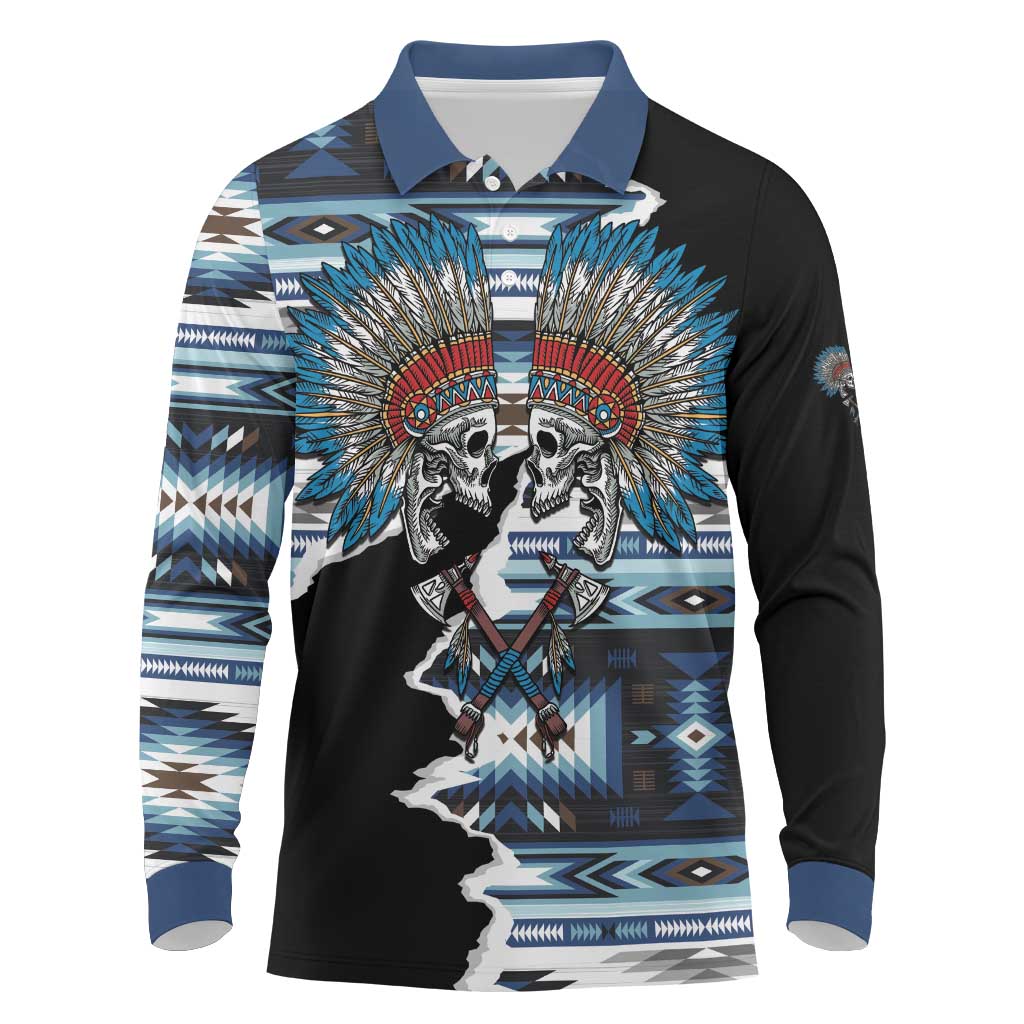 Native American Chief Skull With Axe Long Sleeve Polo Shirt - Wonder Print Shop