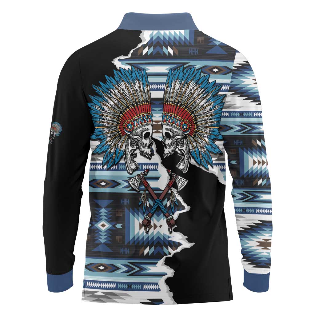 Native American Chief Skull With Axe Long Sleeve Polo Shirt - Wonder Print Shop