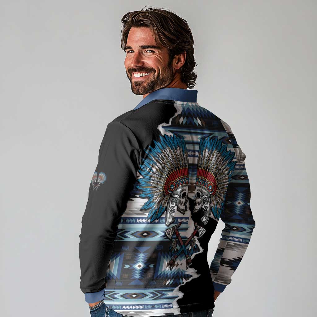 Native American Chief Skull With Axe Long Sleeve Polo Shirt - Wonder Print Shop