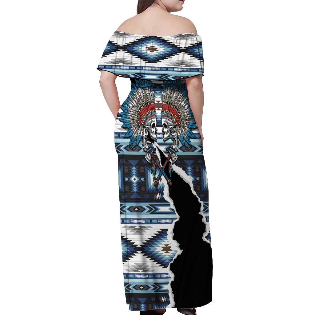 Native American Chief Skull With Axe Off Shoulder Maxi Dress - Wonder Print Shop