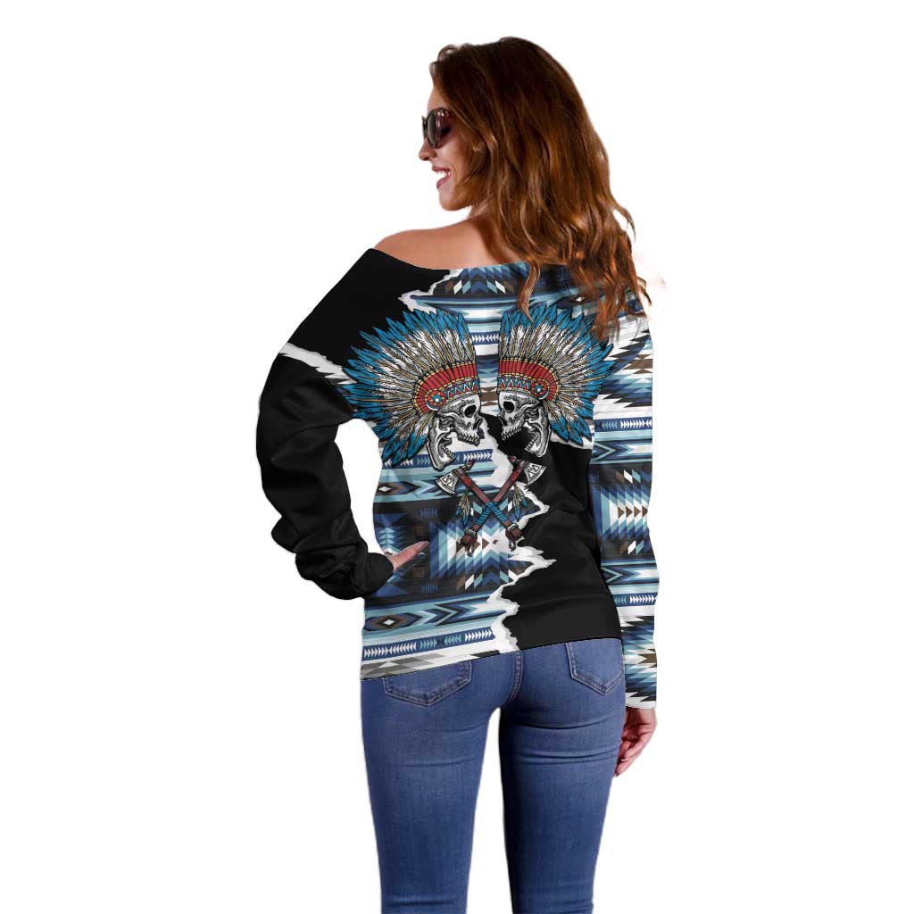 Native American Chief Skull With Axe Off Shoulder Sweater - Wonder Print Shop