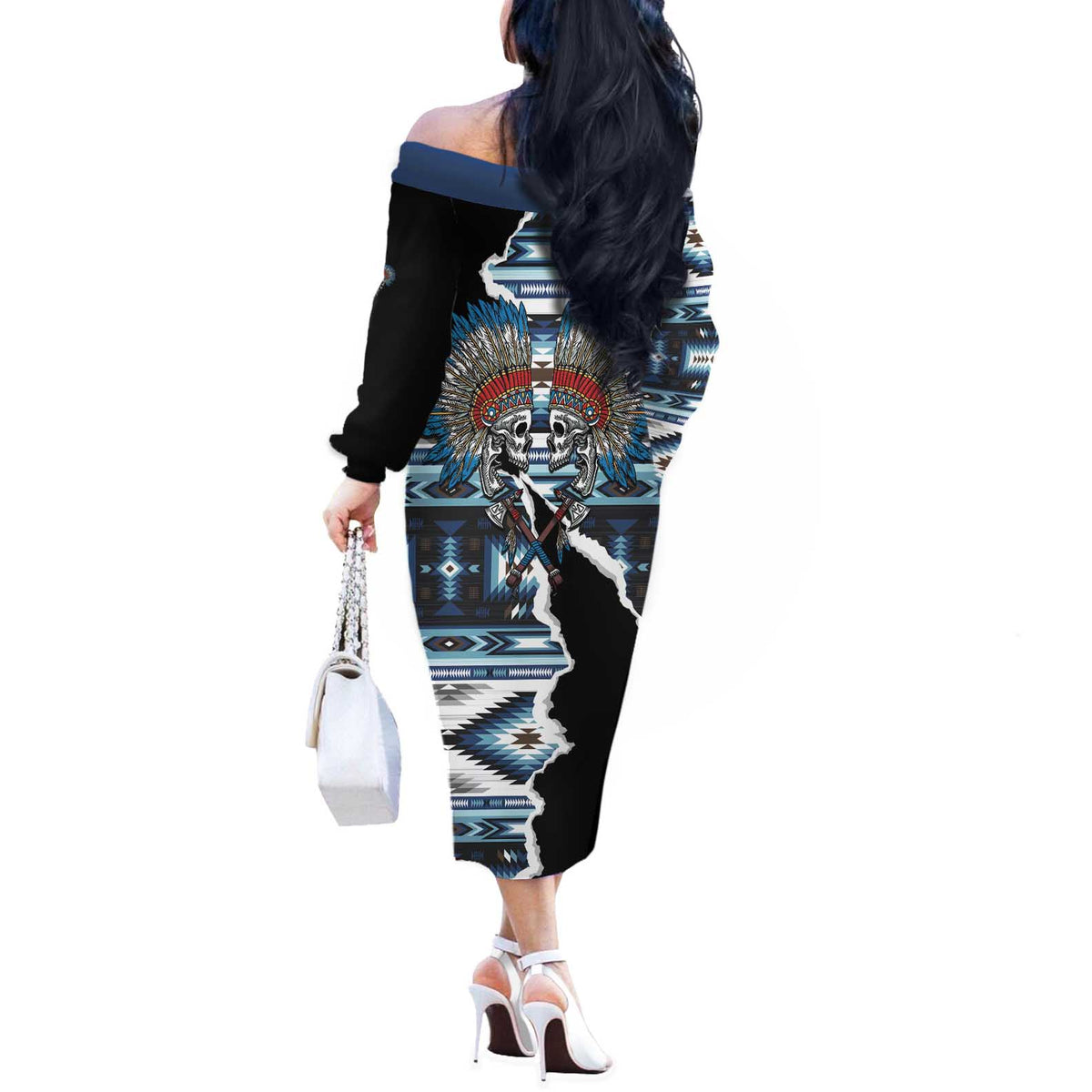 Native American Chief Skull With Axe Off The Shoulder Long Sleeve Dress - Wonder Print Shop