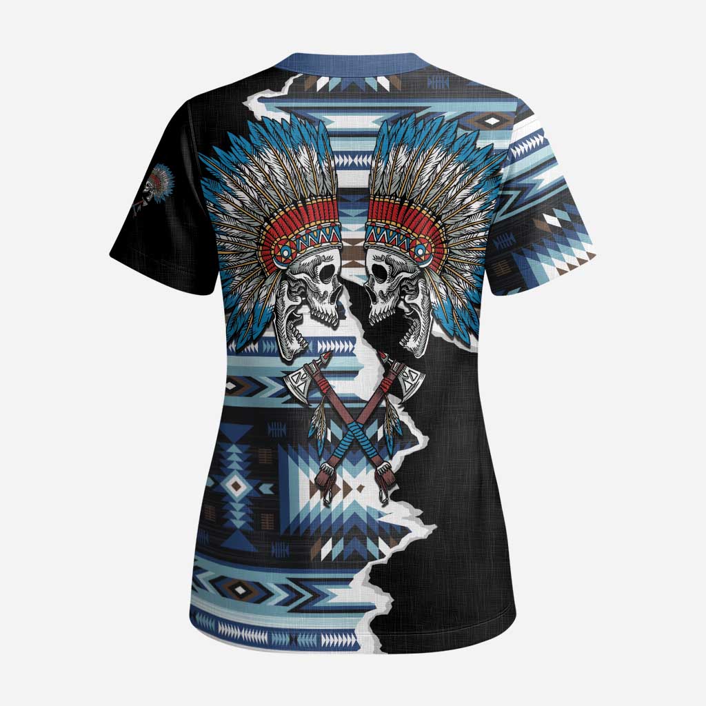 Native American Chief Skull With Axe Scrub Top - Wonder Print Shop