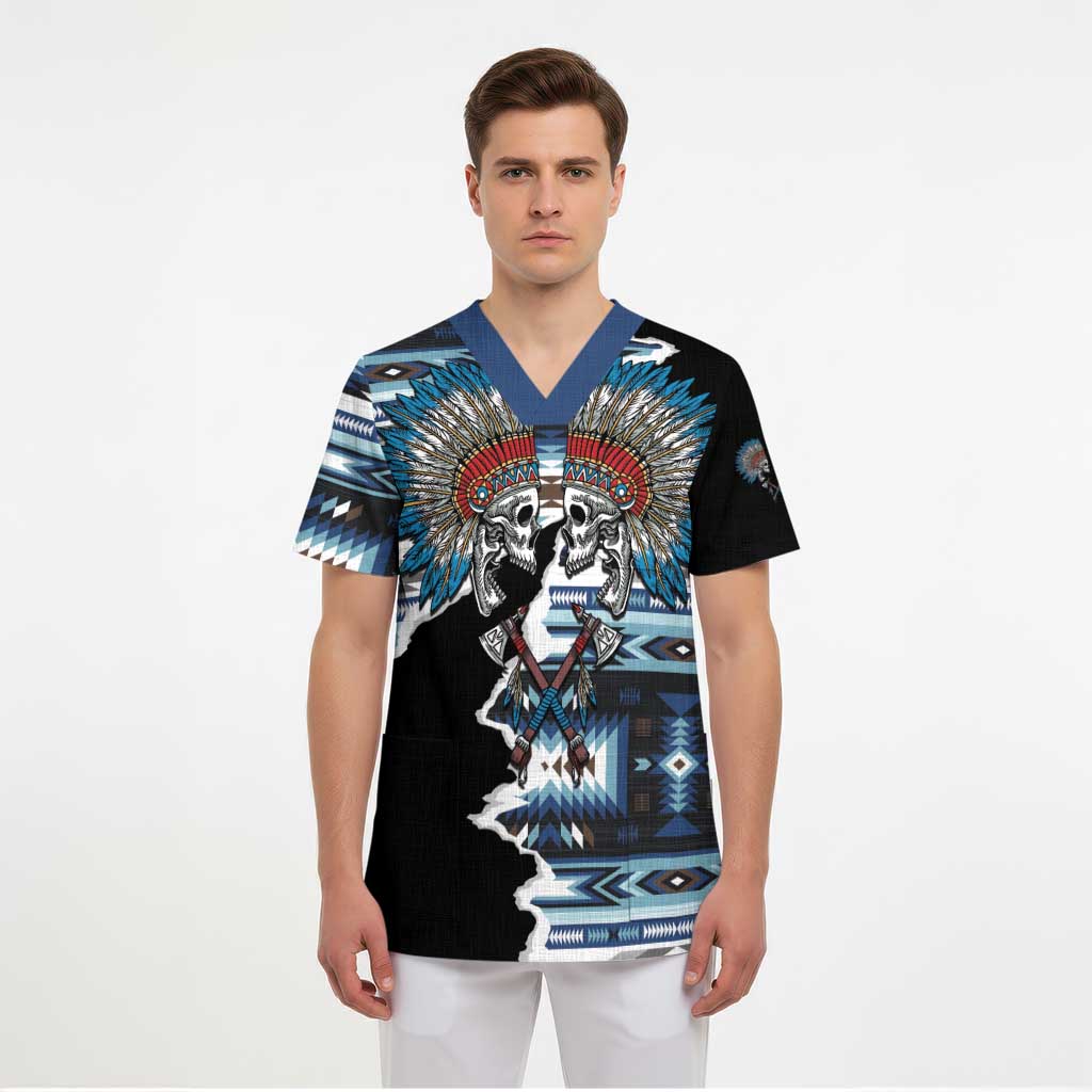 Native American Chief Skull With Axe Scrub Top - Wonder Print Shop