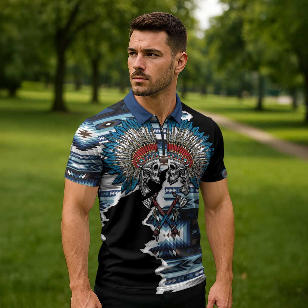 Native American Chief Skull With Axe Zipper Polo Shirt - Wonder Print Shop
