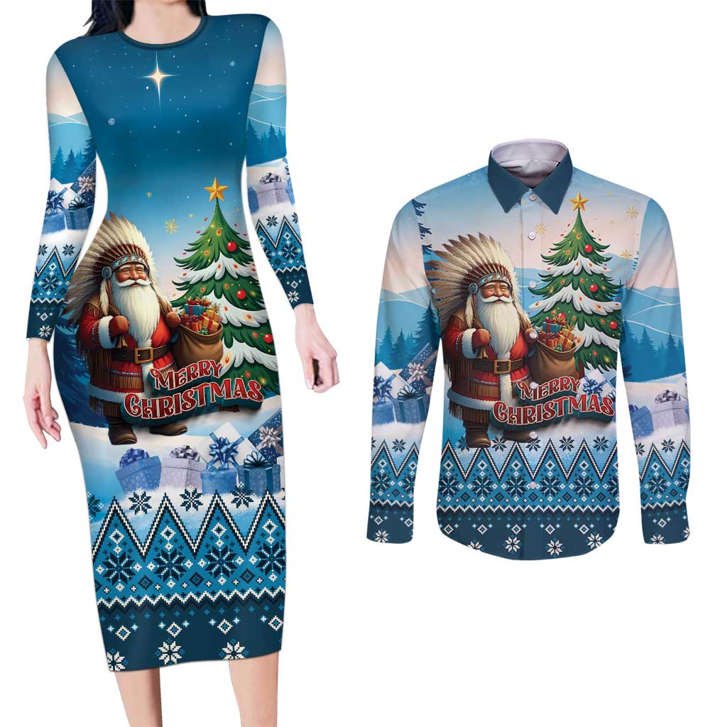 Personalized Native American Santa Claus Couples Matching Long Sleeve Bodycon Dress and Long Sleeve Button Shirt Merry Christmas - Wonder Print Shop