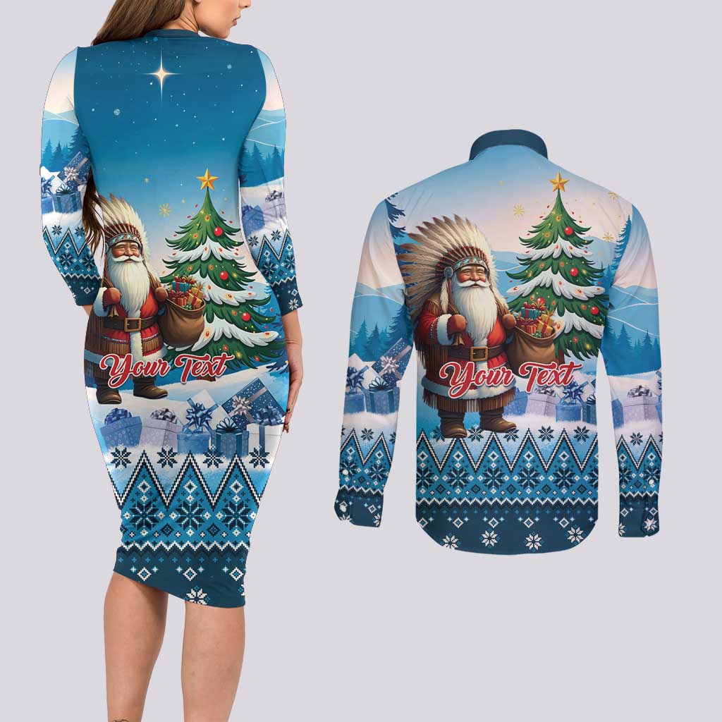 Personalized Native American Santa Claus Couples Matching Long Sleeve Bodycon Dress and Long Sleeve Button Shirt Merry Christmas - Wonder Print Shop