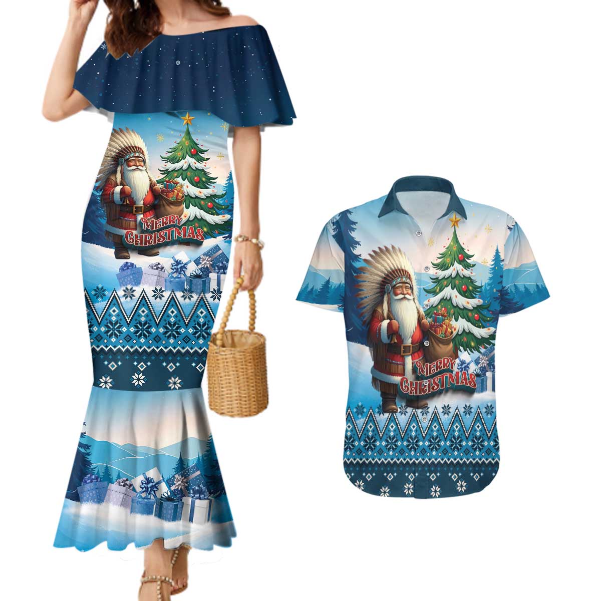 Personalized Native American Santa Claus Couples Matching Mermaid Dress and Hawaiian Shirt Merry Christmas - Wonder Print Shop