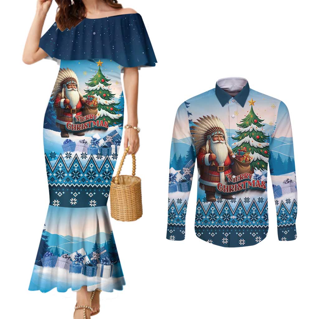 Personalized Native American Santa Claus Couples Matching Mermaid Dress and Long Sleeve Button Shirt Merry Christmas - Wonder Print Shop