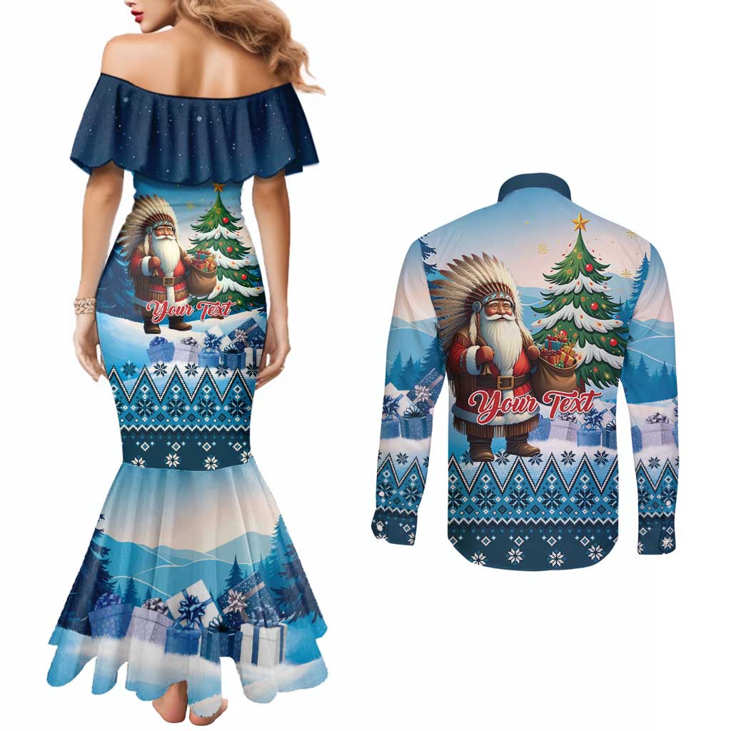 Personalized Native American Santa Claus Couples Matching Mermaid Dress and Long Sleeve Button Shirt Merry Christmas - Wonder Print Shop