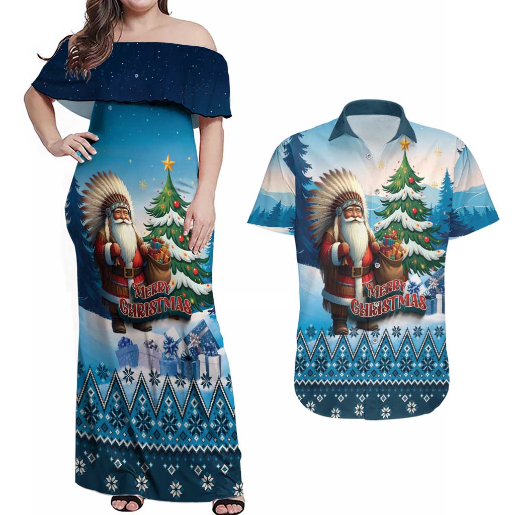 Personalized Native American Santa Claus Couples Matching Off Shoulder Maxi Dress and Hawaiian Shirt Merry Christmas - Wonder Print Shop