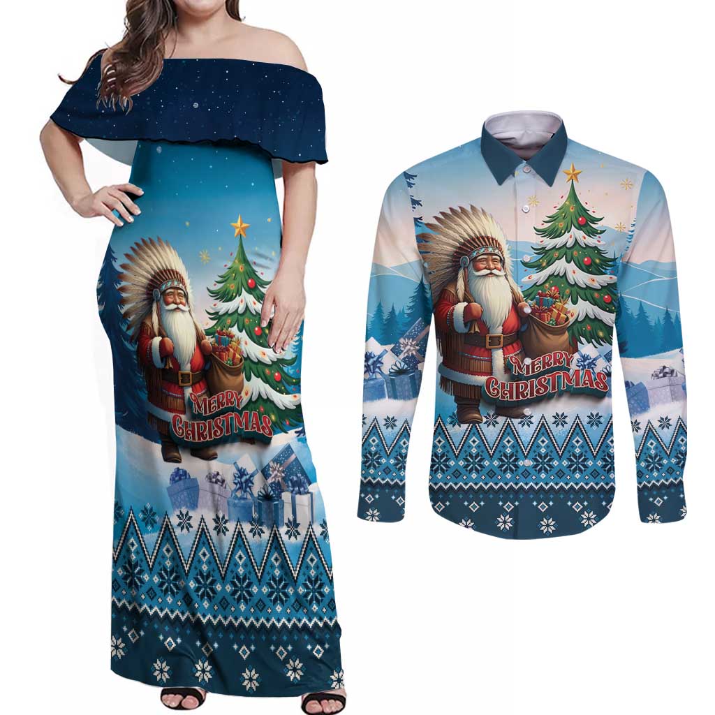 Personalized Native American Santa Claus Couples Matching Off Shoulder Maxi Dress and Long Sleeve Button Shirt Merry Christmas - Wonder Print Shop