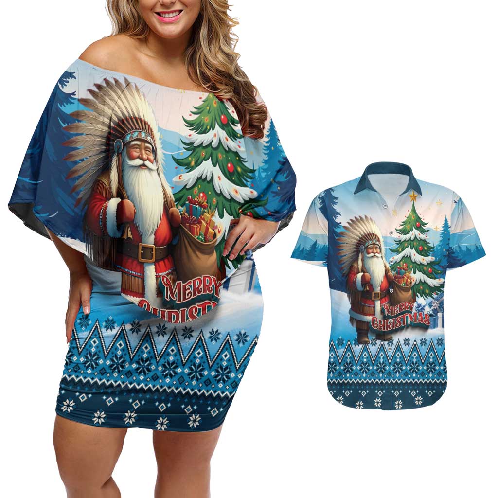 Personalized Native American Santa Claus Couples Matching Off Shoulder Short Dress and Hawaiian Shirt Merry Christmas - Wonder Print Shop