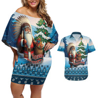 Personalized Native American Santa Claus Couples Matching Off Shoulder Short Dress and Hawaiian Shirt Merry Christmas - Wonder Print Shop