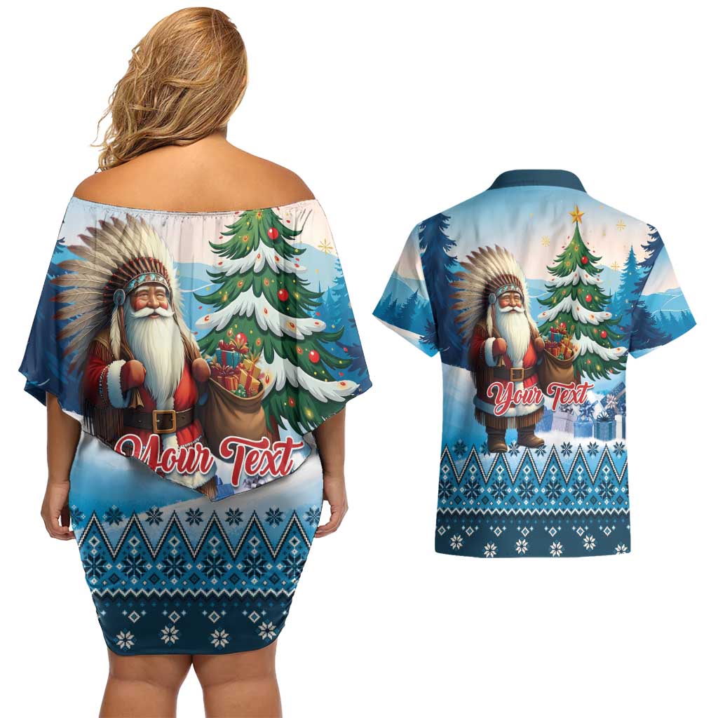 Personalized Native American Santa Claus Couples Matching Off Shoulder Short Dress and Hawaiian Shirt Merry Christmas - Wonder Print Shop