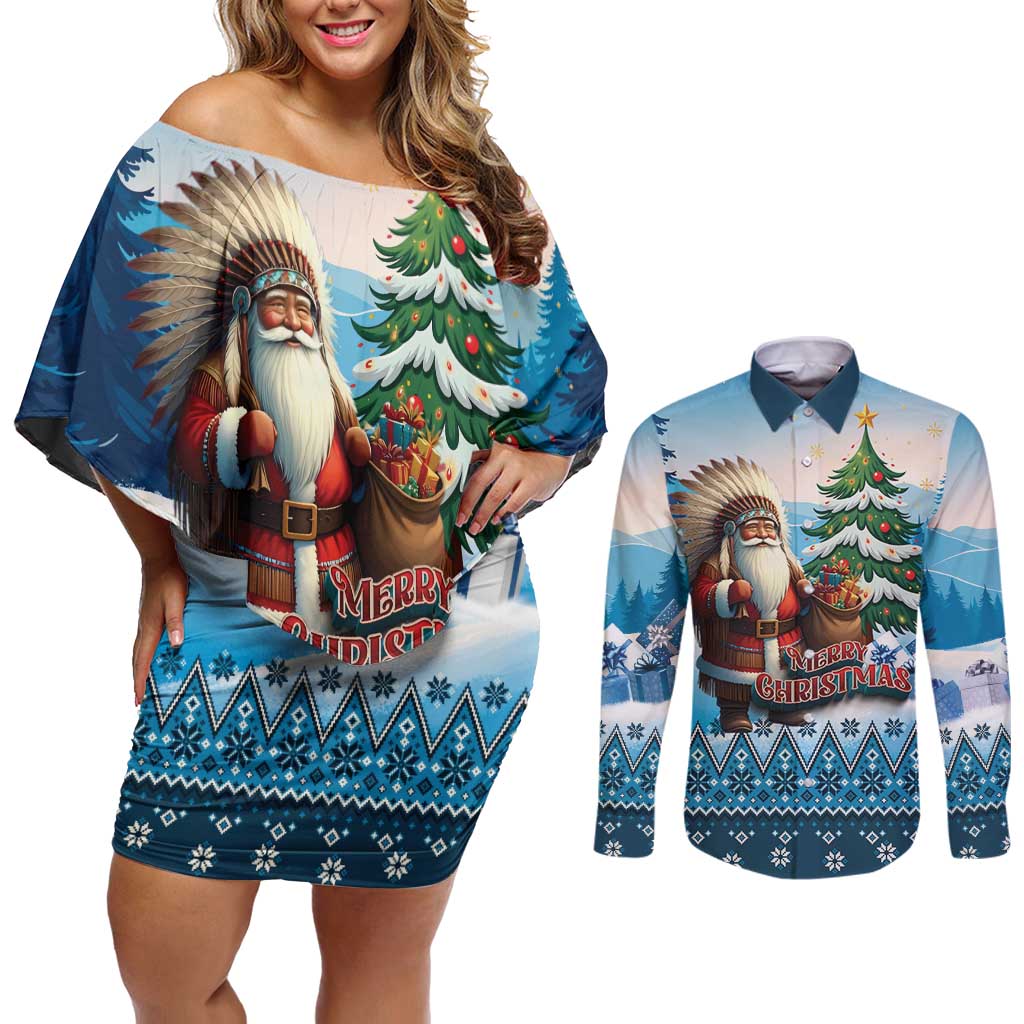 Personalized Native American Santa Claus Couples Matching Off Shoulder Short Dress and Long Sleeve Button Shirt Merry Christmas - Wonder Print Shop