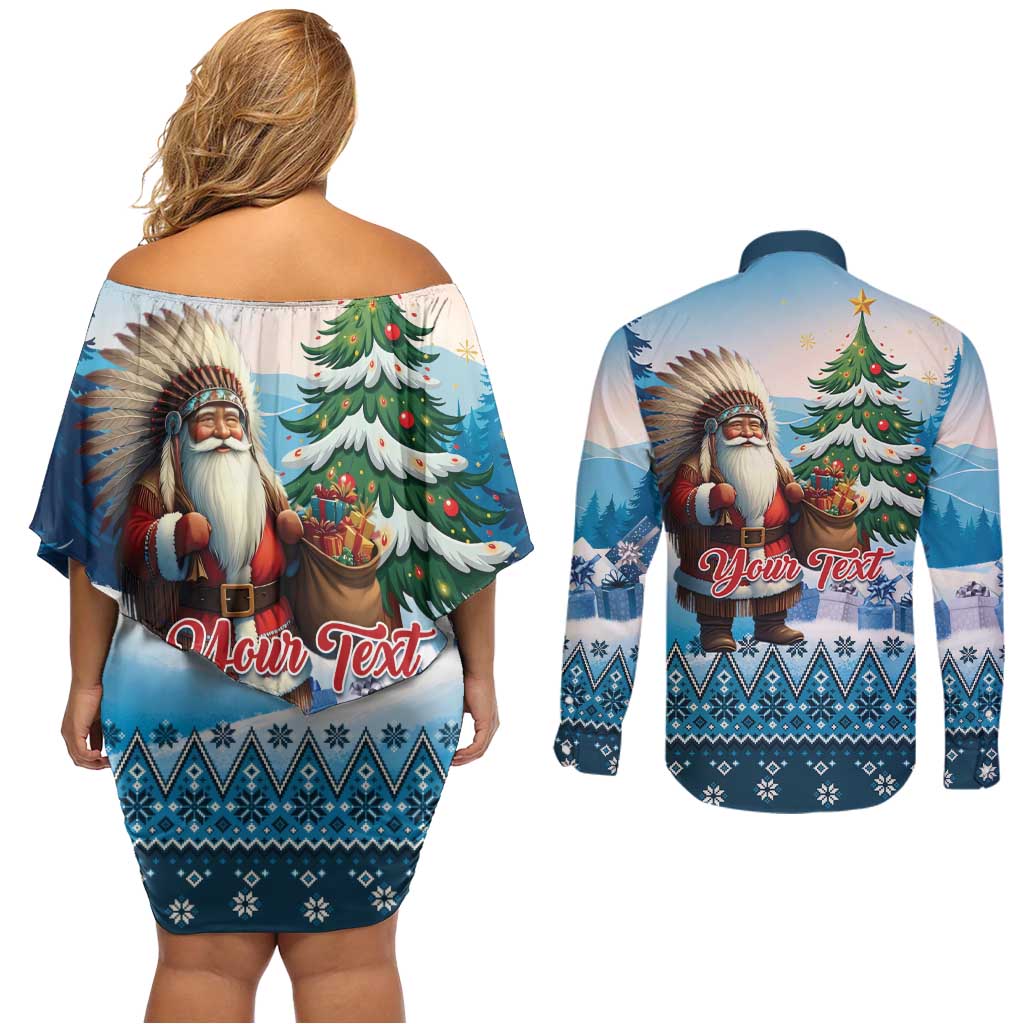 Personalized Native American Santa Claus Couples Matching Off Shoulder Short Dress and Long Sleeve Button Shirt Merry Christmas - Wonder Print Shop