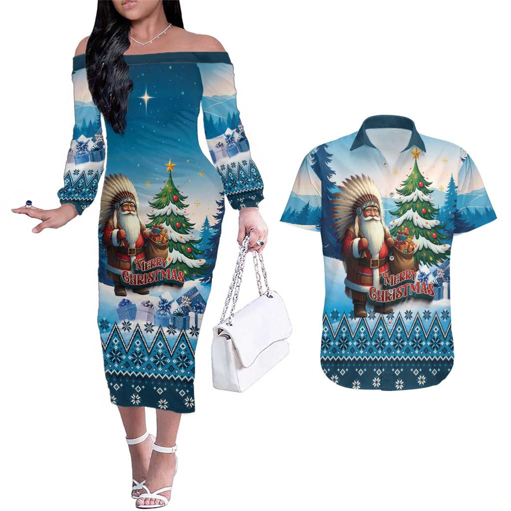 Personalized Native American Santa Claus Couples Matching Off The Shoulder Long Sleeve Dress and Hawaiian Shirt Merry Christmas - Wonder Print Shop
