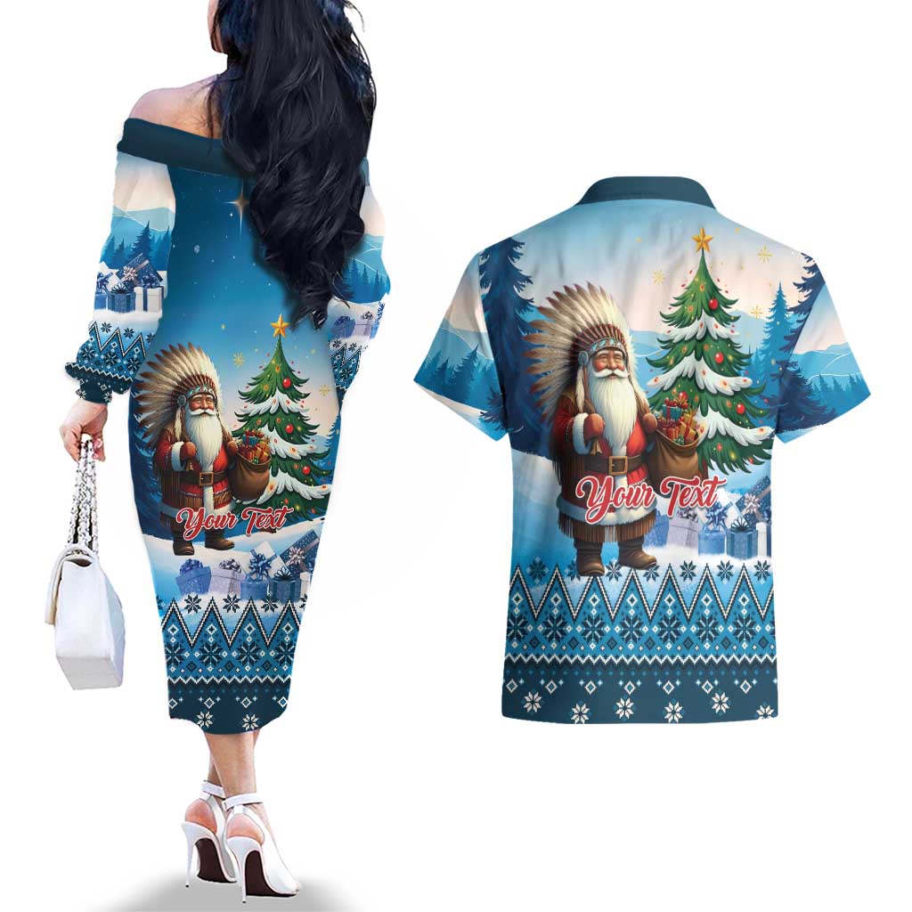 Personalized Native American Santa Claus Couples Matching Off The Shoulder Long Sleeve Dress and Hawaiian Shirt Merry Christmas - Wonder Print Shop