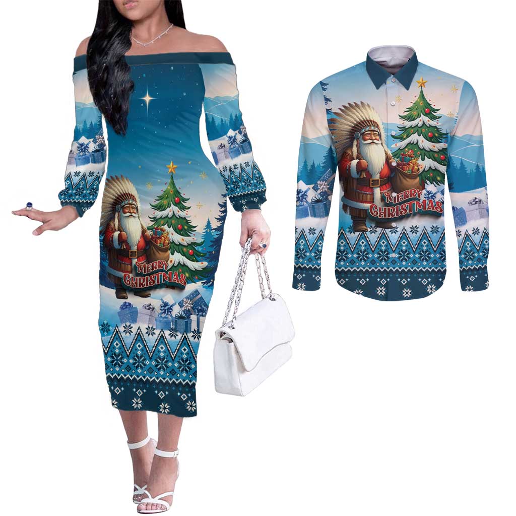 Personalized Native American Santa Claus Couples Matching Off The Shoulder Long Sleeve Dress and Long Sleeve Button Shirt Merry Christmas - Wonder Print Shop