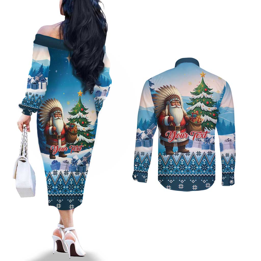 Personalized Native American Santa Claus Couples Matching Off The Shoulder Long Sleeve Dress and Long Sleeve Button Shirt Merry Christmas - Wonder Print Shop