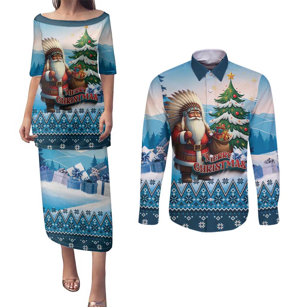 Personalized Native American Santa Claus Couples Matching Puletasi and Long Sleeve Button Shirt Merry Christmas - Wonder Print Shop