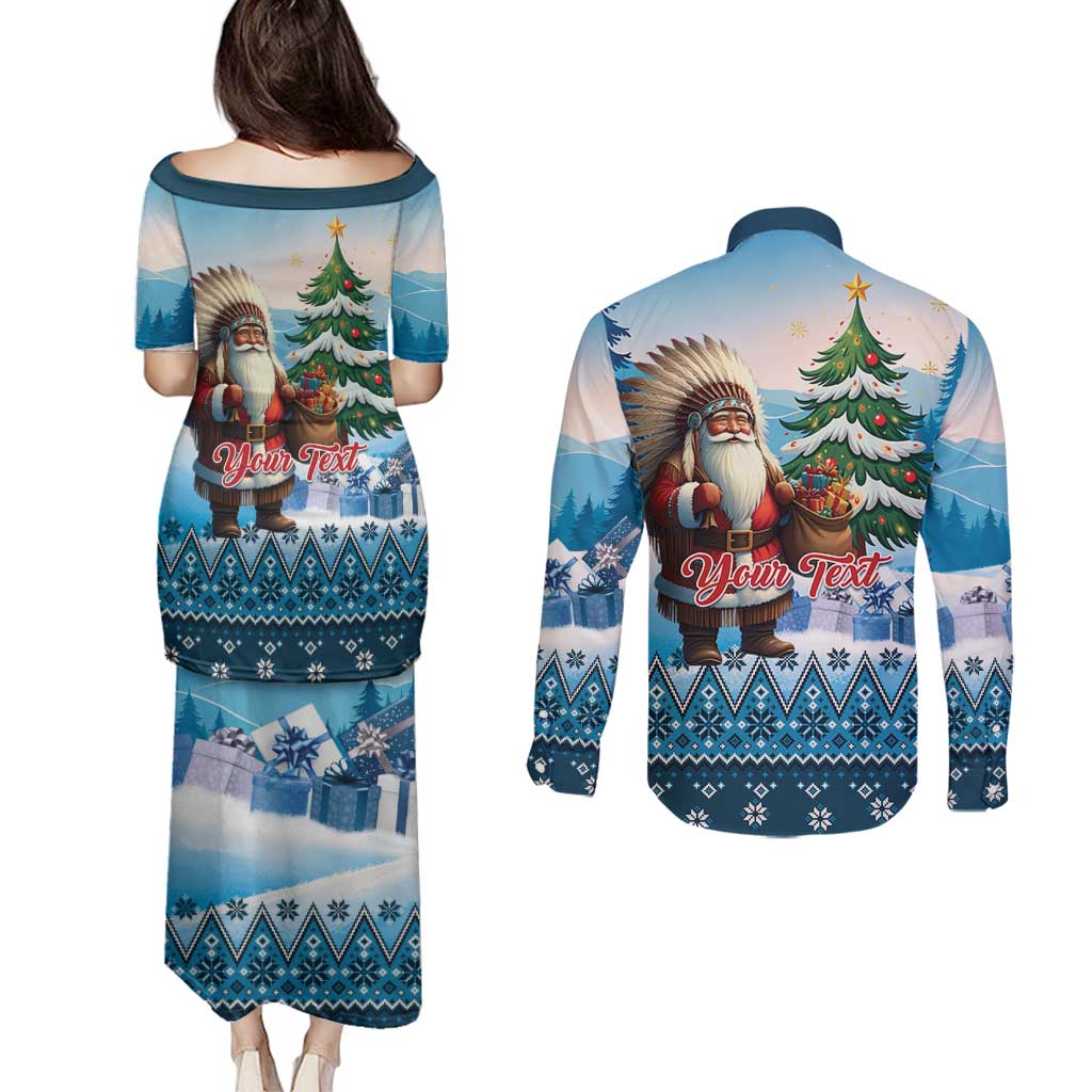 Personalized Native American Santa Claus Couples Matching Puletasi and Long Sleeve Button Shirt Merry Christmas - Wonder Print Shop