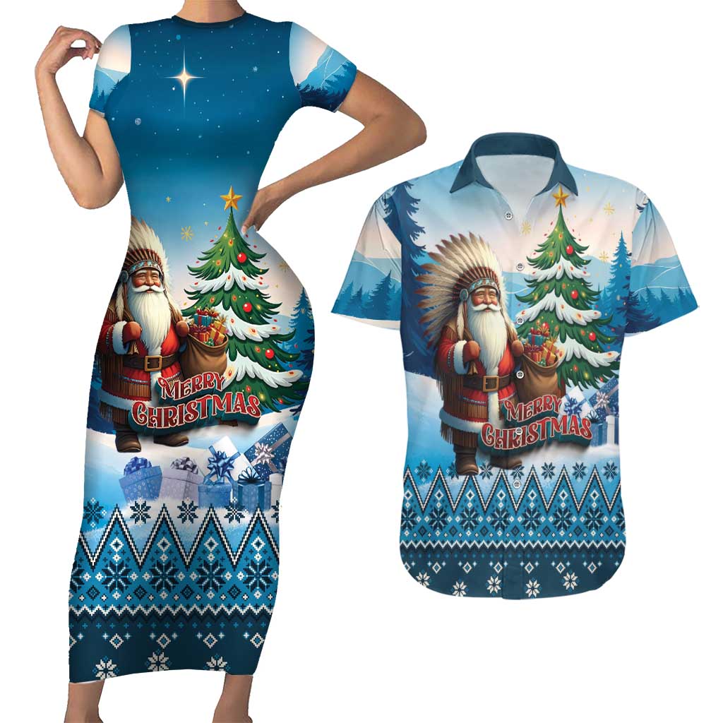 Personalized Native American Santa Claus Couples Matching Short Sleeve Bodycon Dress and Hawaiian Shirt Merry Christmas - Wonder Print Shop