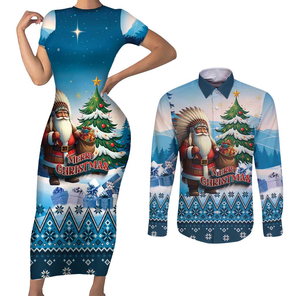 Personalized Native American Santa Claus Couples Matching Short Sleeve Bodycon Dress and Long Sleeve Button Shirt Merry Christmas - Wonder Print Shop