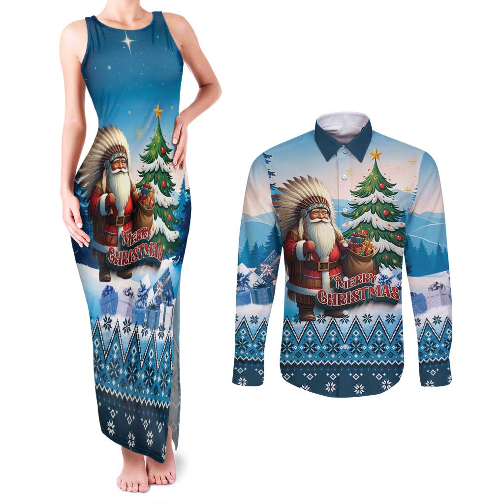 Personalized Native American Santa Claus Couples Matching Tank Maxi Dress and Long Sleeve Button Shirt Merry Christmas - Wonder Print Shop