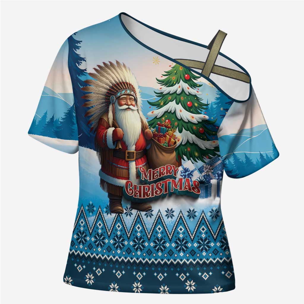 Personalized Native American Santa Claus Cross Shoulder Shirt Merry Christmas - Wonder Print Shop