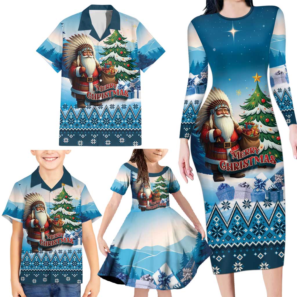 Personalized Native American Santa Claus Family Matching Long Sleeve Bodycon Dress and Hawaiian Shirt Merry Christmas - Wonder Print Shop