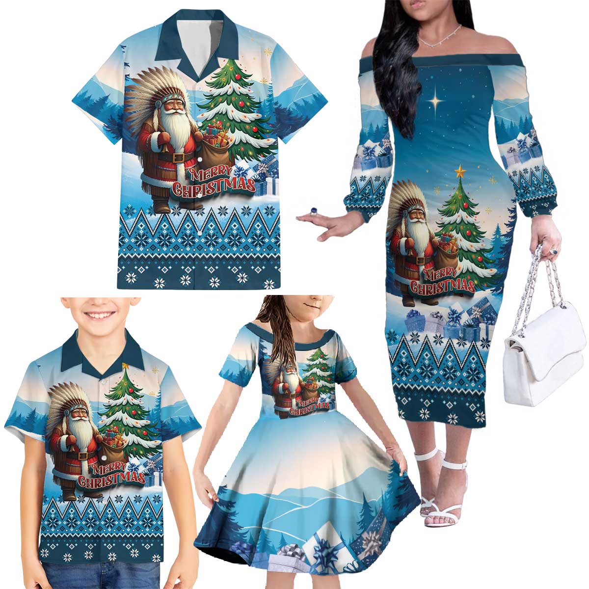 Personalized Native American Santa Claus Family Matching Off The Shoulder Long Sleeve Dress and Hawaiian Shirt Merry Christmas - Wonder Print Shop