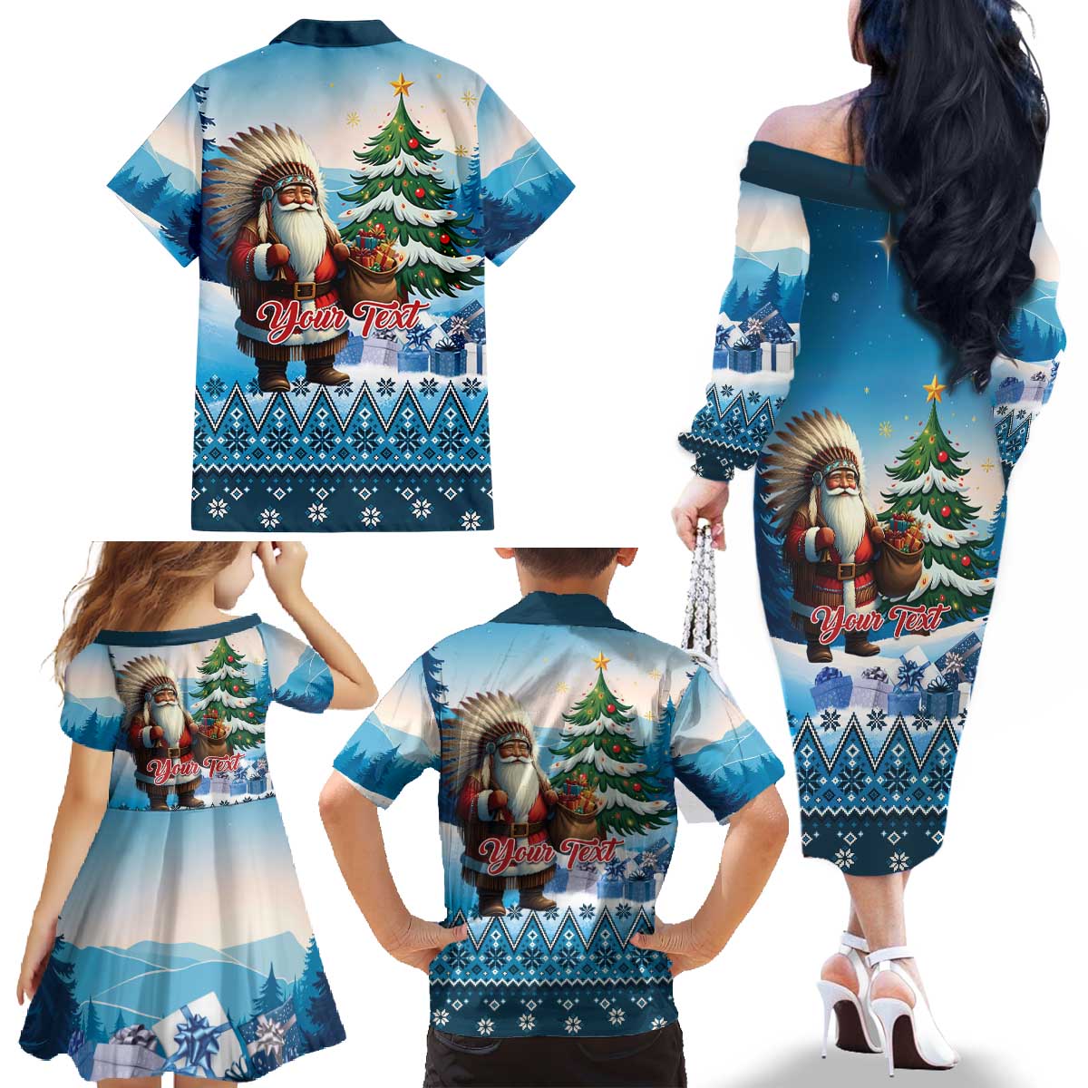 Personalized Native American Santa Claus Family Matching Off The Shoulder Long Sleeve Dress and Hawaiian Shirt Merry Christmas - Wonder Print Shop