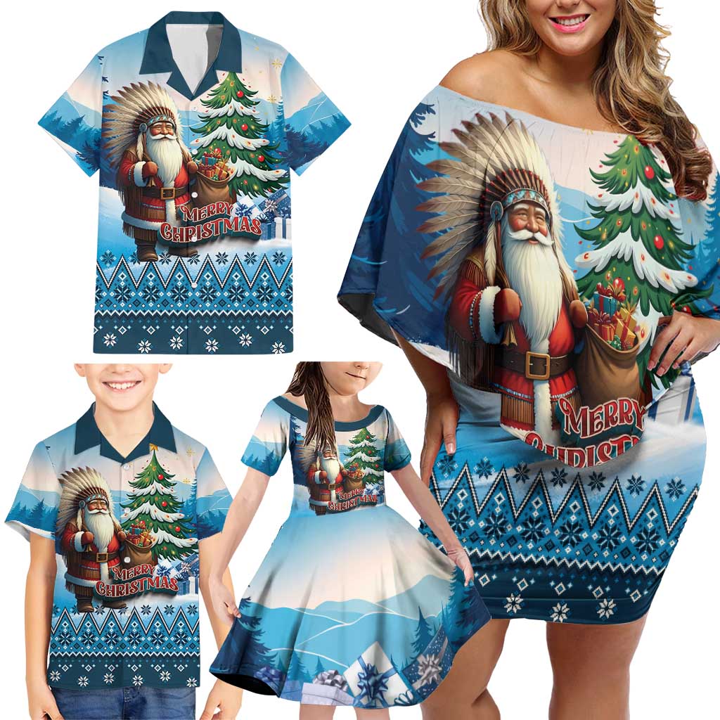 Personalized Native American Santa Claus Family Matching Off Shoulder Short Dress and Hawaiian Shirt Merry Christmas - Wonder Print Shop