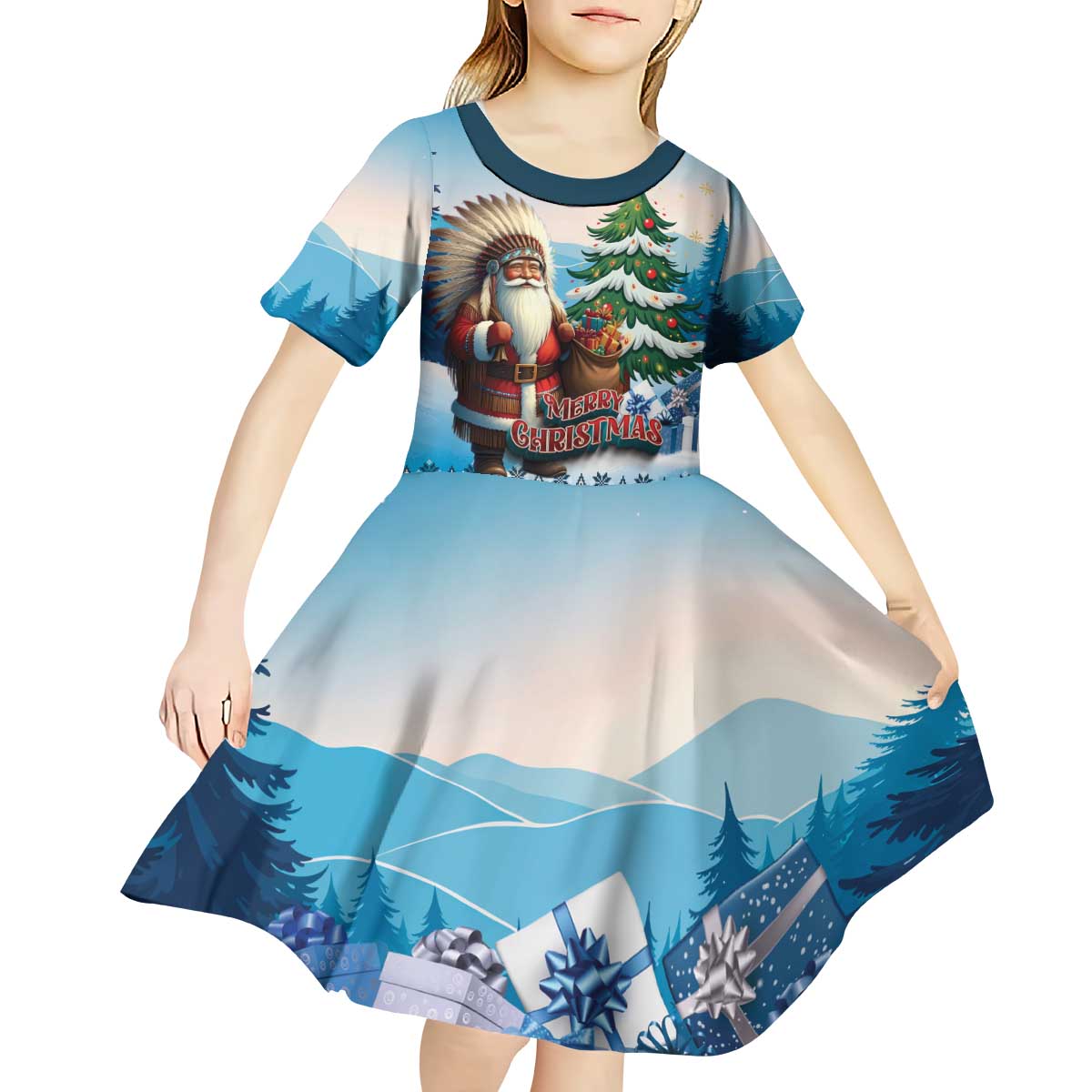 Personalized Native American Santa Claus Kid Short Sleeve Dress Merry Christmas - Wonder Print Shop