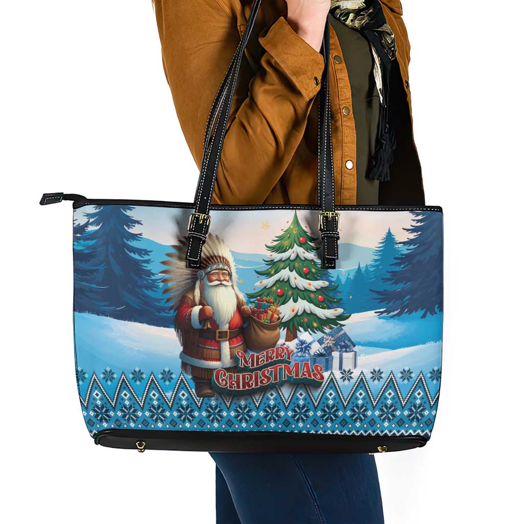 Native American Santa Claus Leather Tote Bag Merry Christmas - Wonder Print Shop