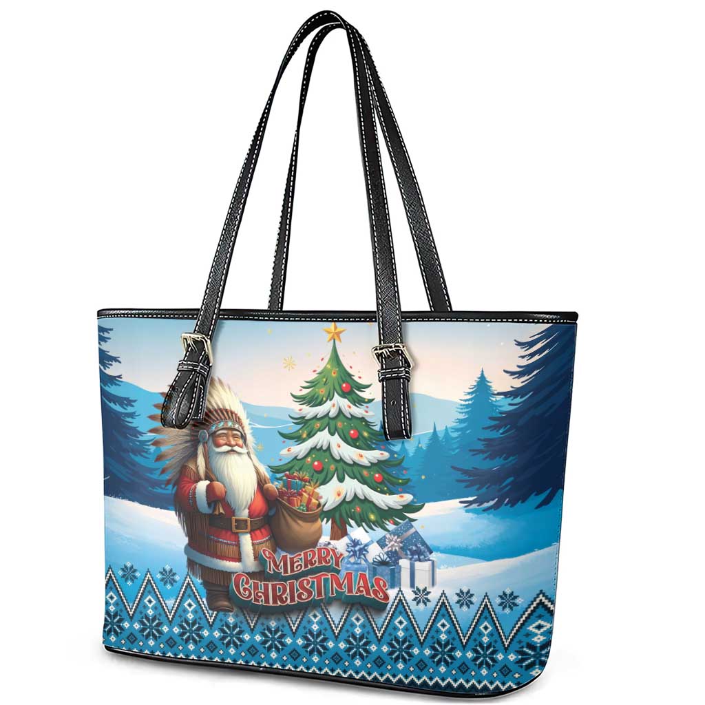 Native American Santa Claus Leather Tote Bag Merry Christmas - Wonder Print Shop