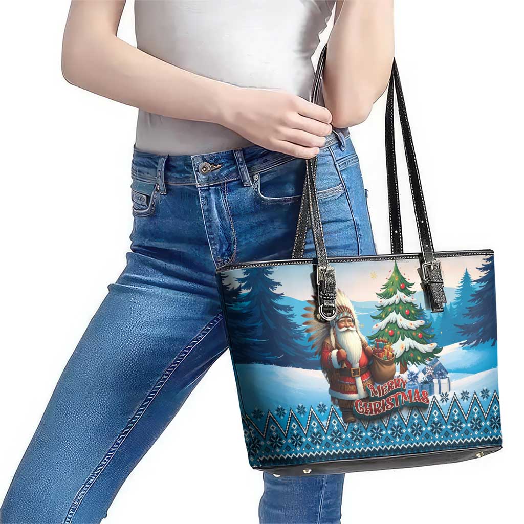 Native American Santa Claus Leather Tote Bag Merry Christmas - Wonder Print Shop
