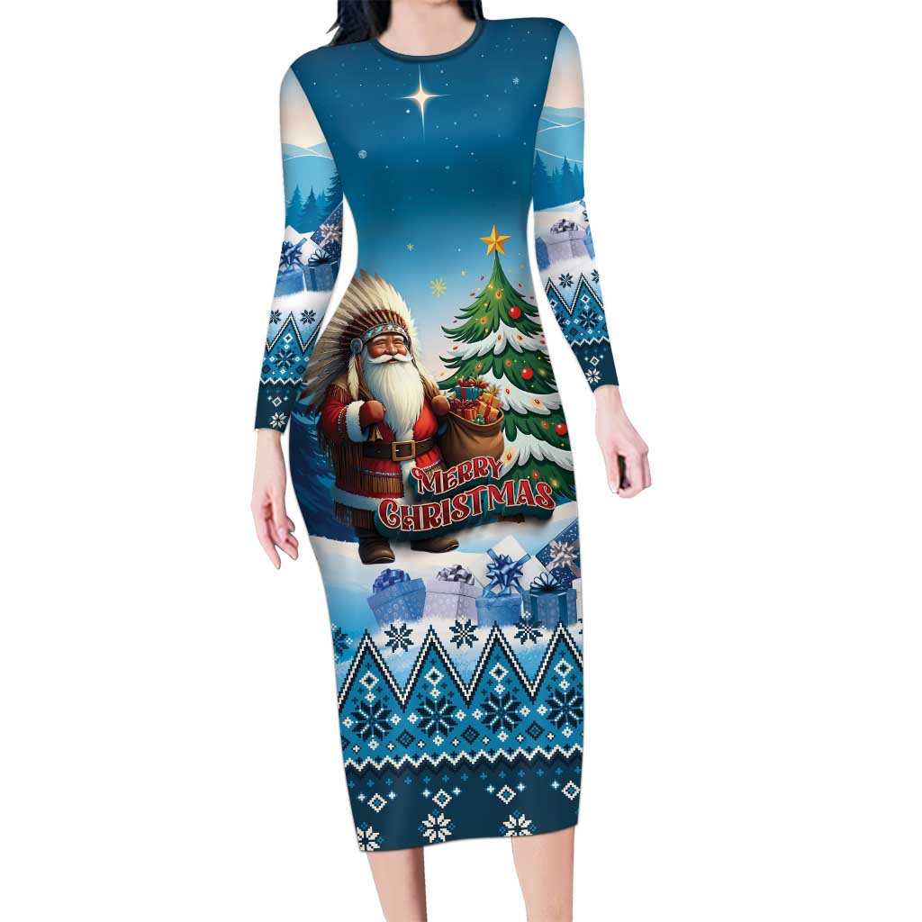 Personalized Native American Santa Claus Long Sleeve Bodycon Dress Merry Christmas - Wonder Print Shop