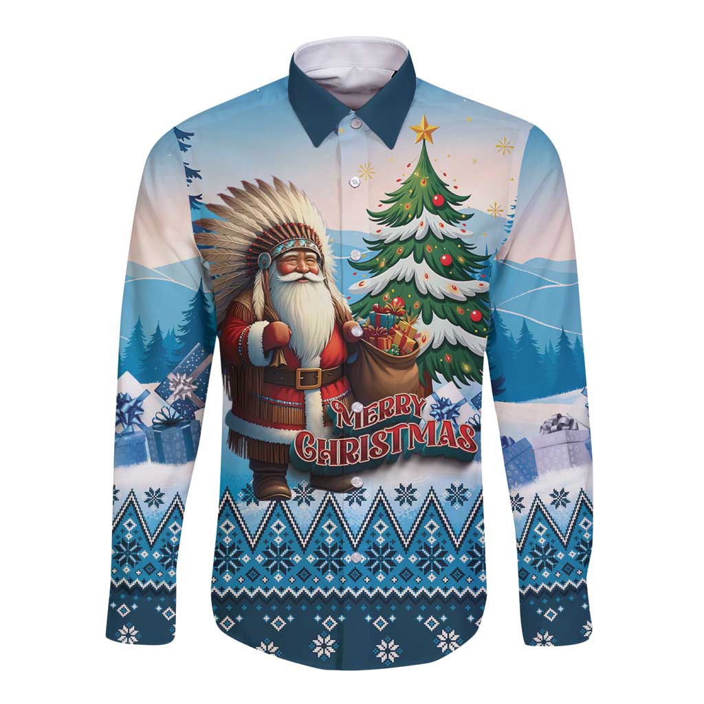 Personalized Native American Santa Claus Long Sleeve Button Shirt Merry Christmas - Wonder Print Shop