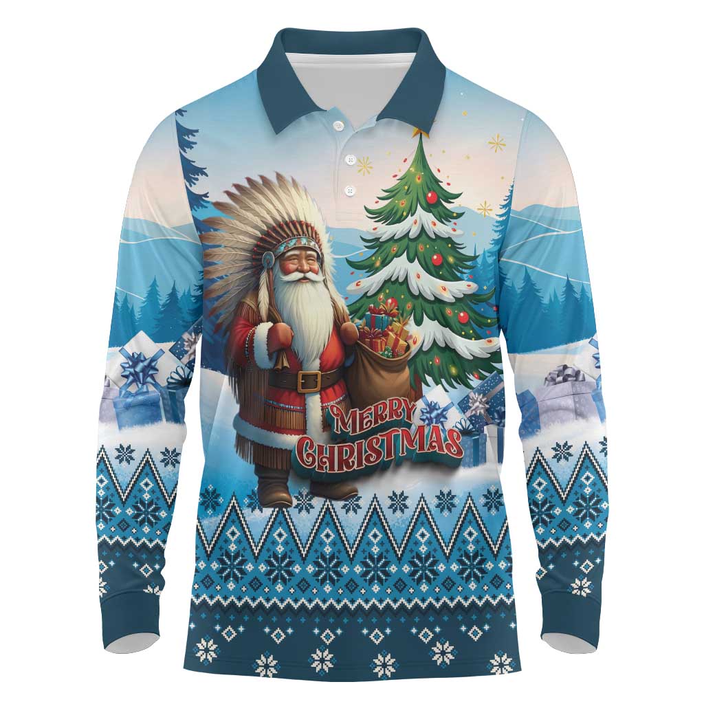 Personalized Native American Santa Claus Long Sleeve Polo Shirt Merry Christmas - Wonder Print Shop