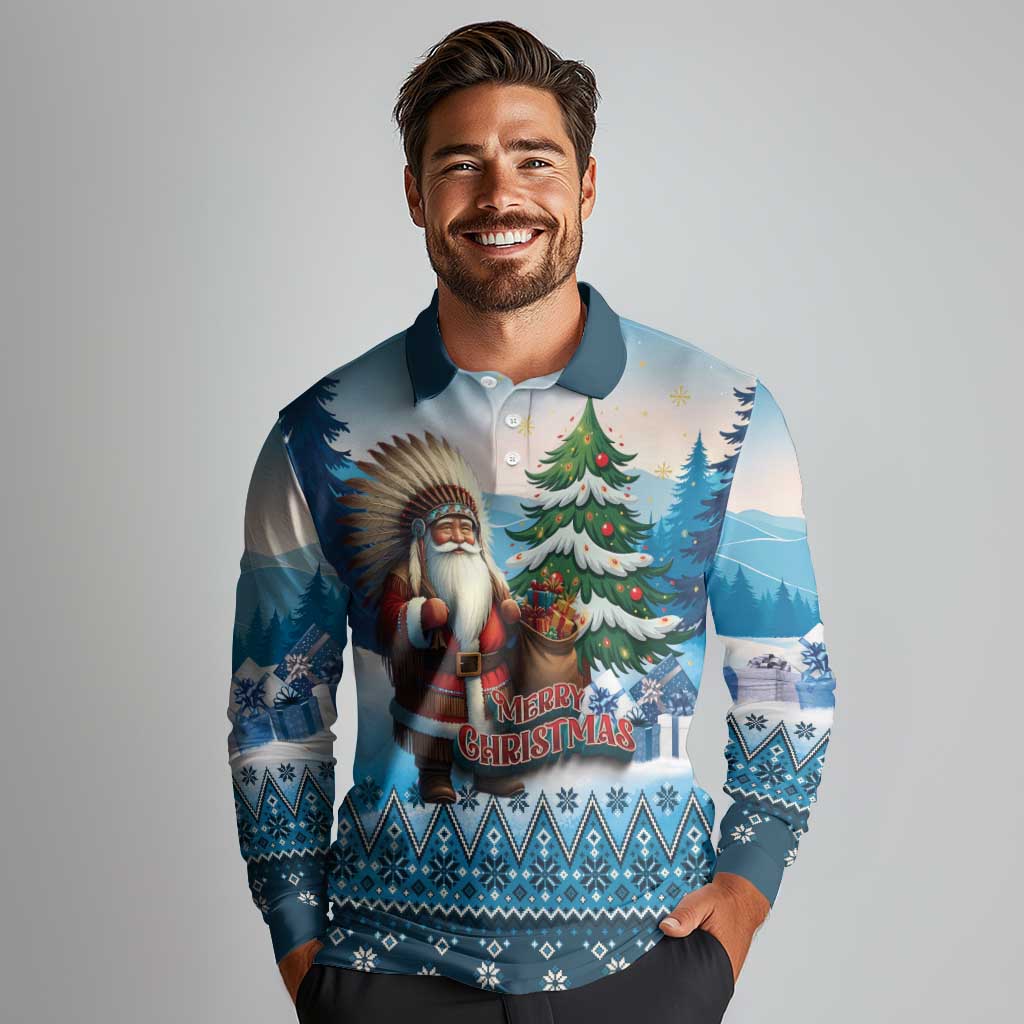 Personalized Native American Santa Claus Long Sleeve Polo Shirt Merry Christmas - Wonder Print Shop