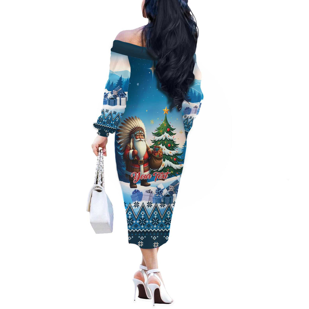 Personalized Native American Santa Claus Off The Shoulder Long Sleeve Dress Merry Christmas - Wonder Print Shop