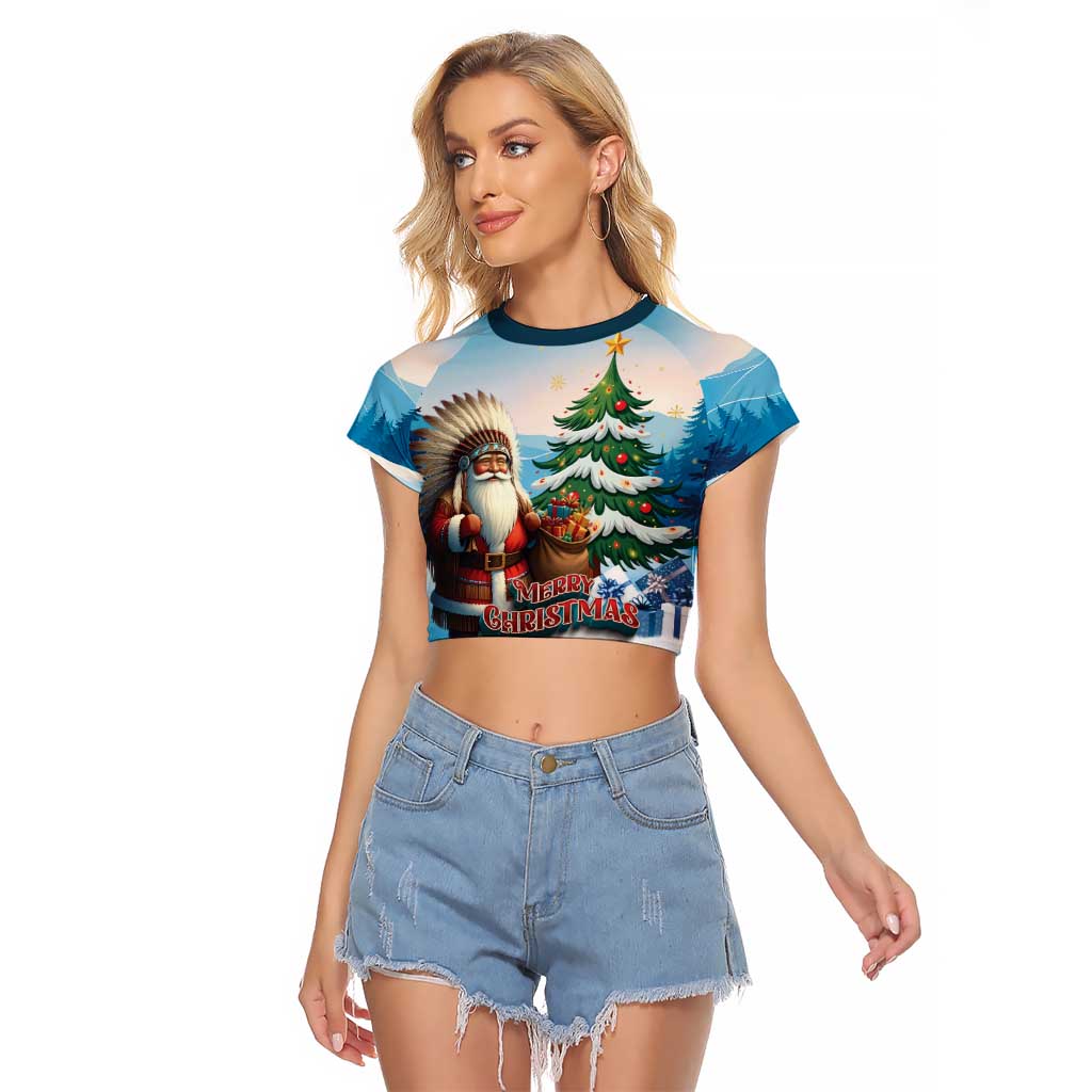 Personalized Native American Santa Claus Raglan Cropped T Shirt Merry Christmas - Wonder Print Shop