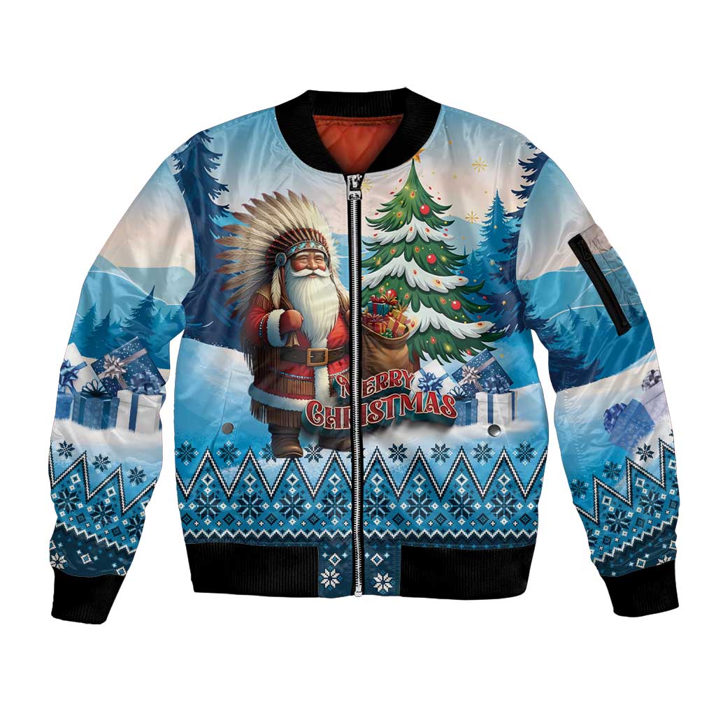 Personalized Native American Santa Claus Sleeve Zip Bomber Jacket Merry Christmas - Wonder Print Shop