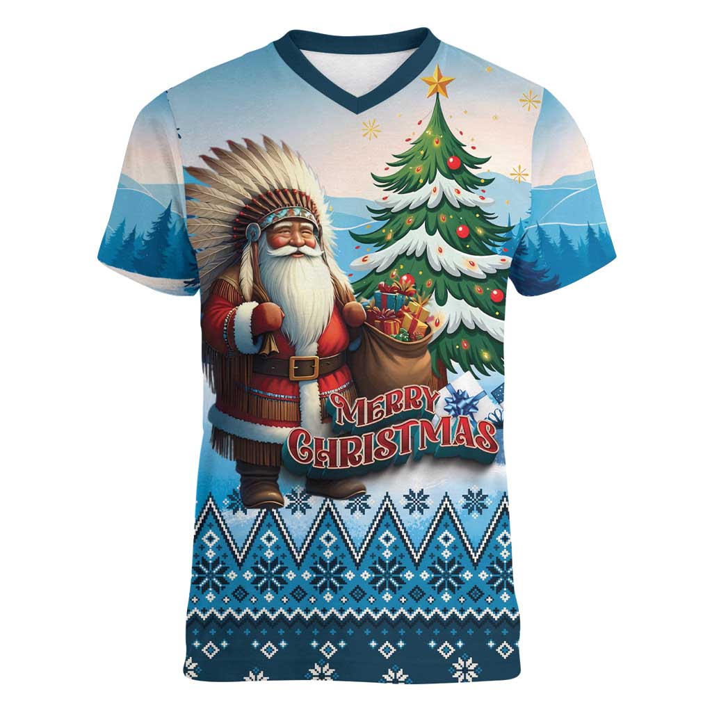 Personalized Native American Santa Claus Women V-Neck T-Shirt Merry Christmas - Wonder Print Shop